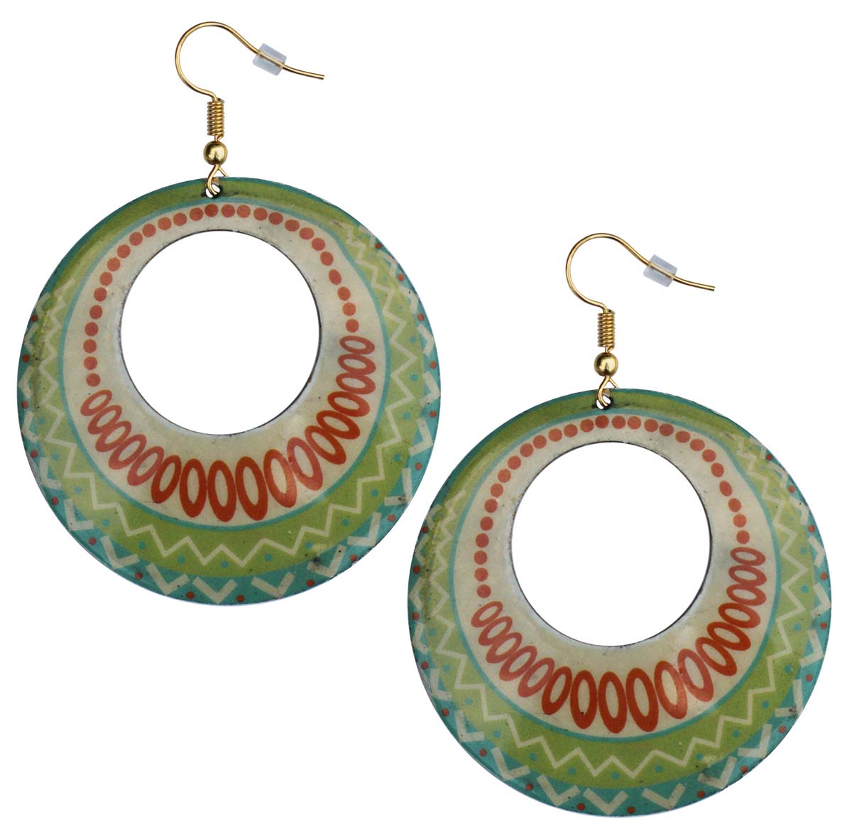 2.5” Pair of Round Hook Earrings in Brass - Green Ethnic Pattern - Drop Earrings / Women Fashion Jewelry - Buy in Bulk Wholesale